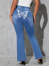 Butterfly Print Ripped Slit Hem Flare Leg Jeans